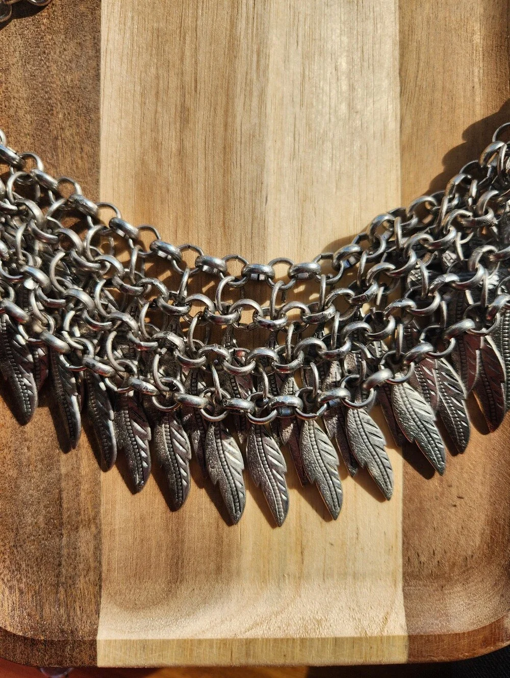 BOHO BURNISHED SILVER MULTI LAYER FEATHER BIB STATEMENT NECKLACE FESTIVAL